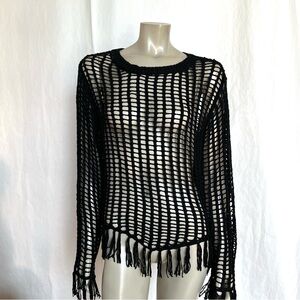 Black Open-Knit Fringe Sweater